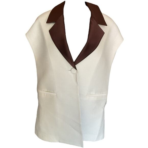 NWT Amir Taghi Silk Wool Bow Tie Blazer Vest Size 2 White Brown - Picture 3 of 12